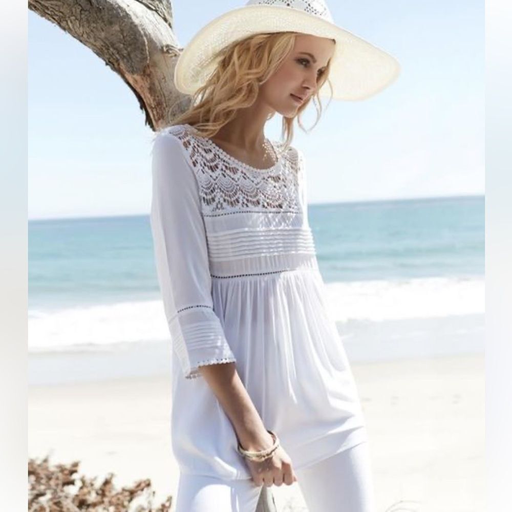 Karen Kane white crochet trim 3/4 sleeve top size large - Picture 1 of 8
